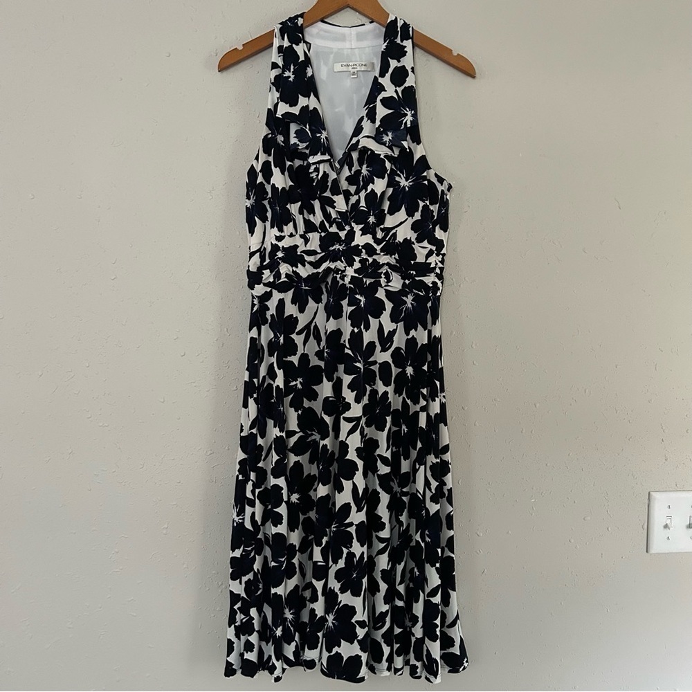 Evan Picone Black Blue White Floral Ruffle Midi Dress Size 14